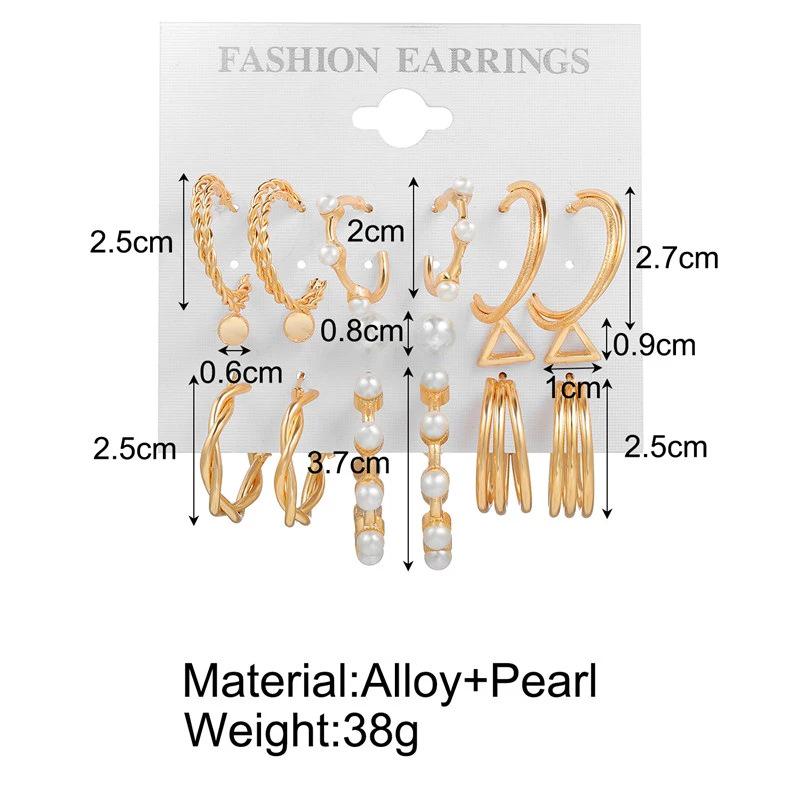 Retro Gold French Geometric Pearl Stud Earrings - 6 Piece Set