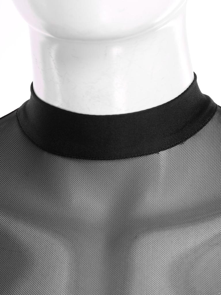 Mens Latin Dance Top Sheer Mesh Patchwork Shiny Rhinestone Mock Neck Long Sleeve T Shirt Stage Performance Blouse