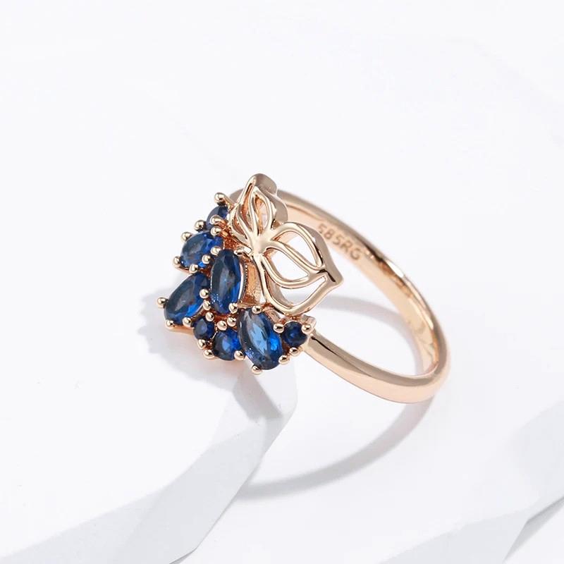 Blue Natural Zircon Ring For Women Luxury  Rose Gold Color Crystal Flower Bride Party Accessories Vintage Jewelry