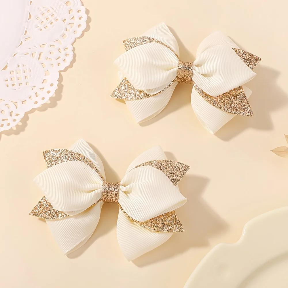 2Pcs Double Layer Glitter Bow Hair Clips for Girls Cute Grosgrain Ribbon Hair Accessories Children's Hairpins Bowknot Headwear