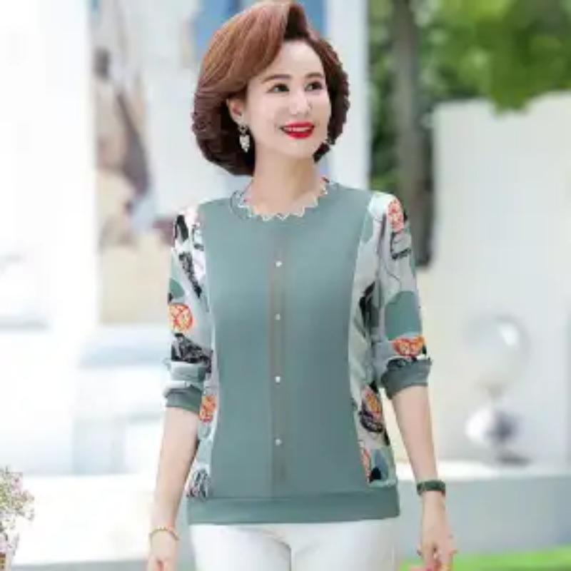 Round Neck Button Printed Elegant Long Sleeve Base Shirt for Women
