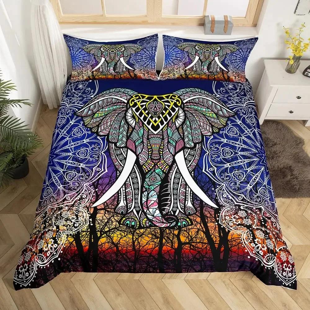 Elephant Duvet Cover Set Full,Boho Vintage Luxury Bedding Set Colorful Exotic Mandala Quilt Cover Tribal Ethnic Comforter Cover