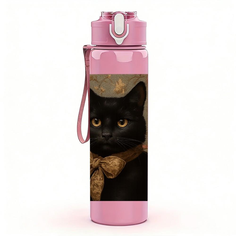 1PC Sleepy Black Cat Portrait 750ml Color Plastic Sports Water Bottle Leakproof Flip Straw Lid Suitable for Sports Office Home Use