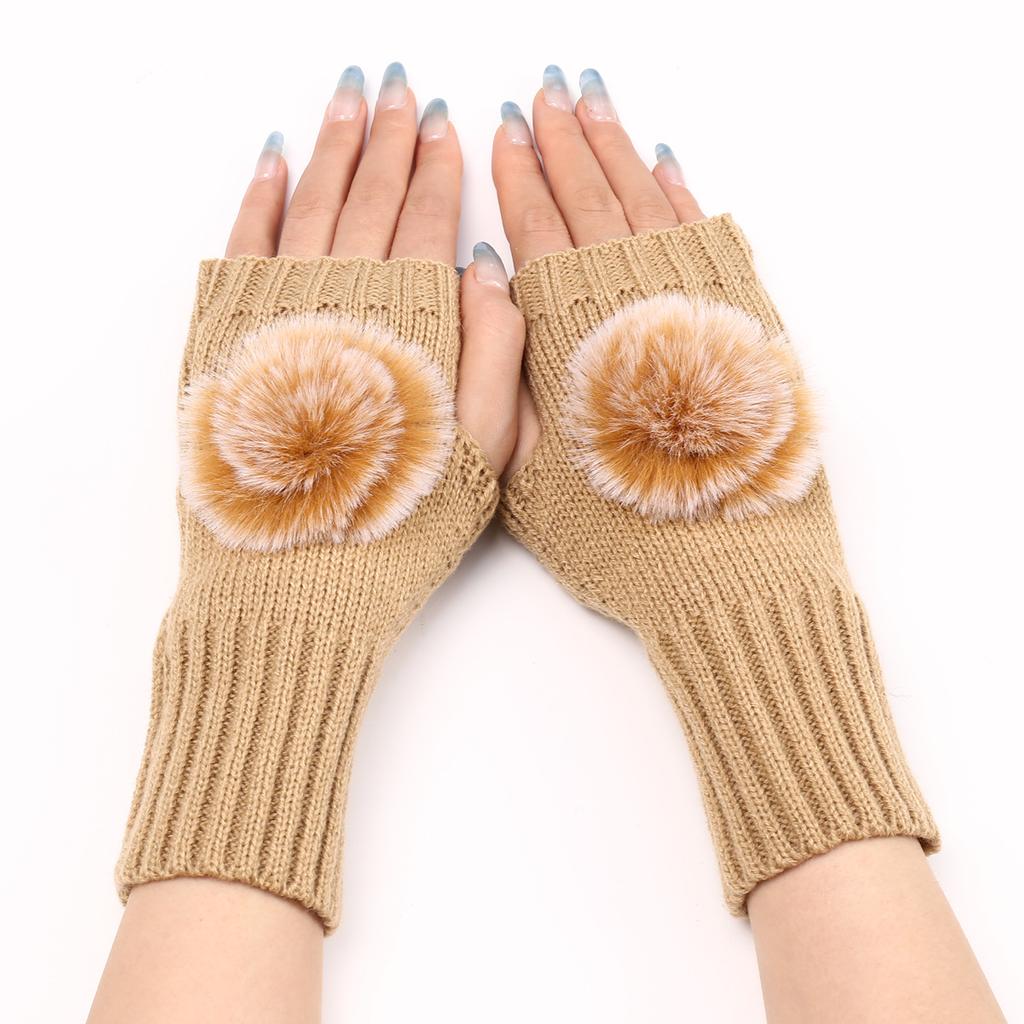 New Autumn and Winter Women's Short Fashion Fur Ball Gloves Knitted Sleeve Warm Half Finger Gloves
