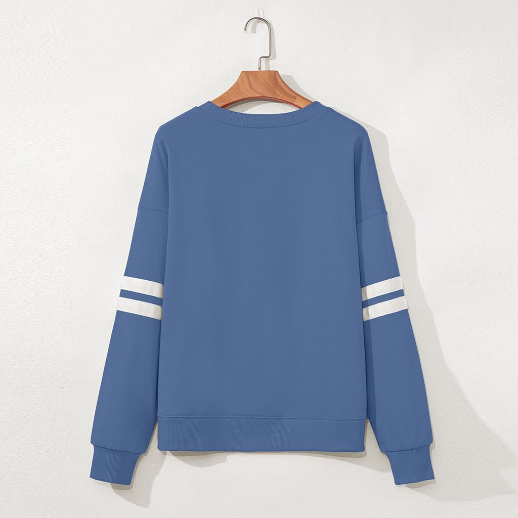 Women's Fashionable Round Neck Long Sleeved Sports Casual Color Blocked Pullover Sweater Sweatshirt Top