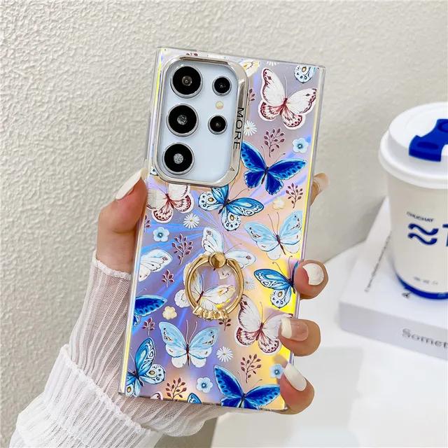 Fashion Ring Holder Butterfly Raser Electroplated Phone Case for Samsung S24 S23 FE S22 Ultra A55 A35 A25 A15 A54 A14 A34