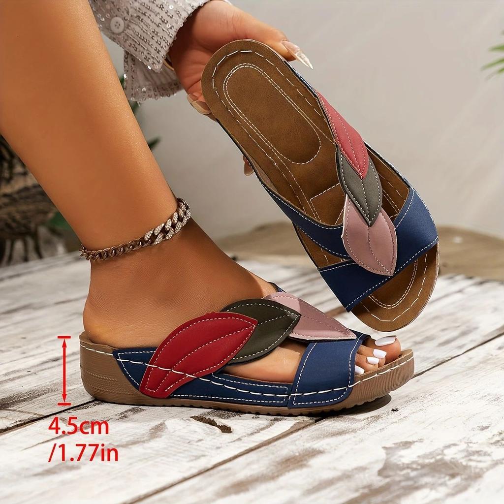 Large Size Cross Strap Sandals, Summer New Style, Wedge Heel Thick Soled Slippers, Women's Beach Color Blocked Fish Mouth Women's Shoes