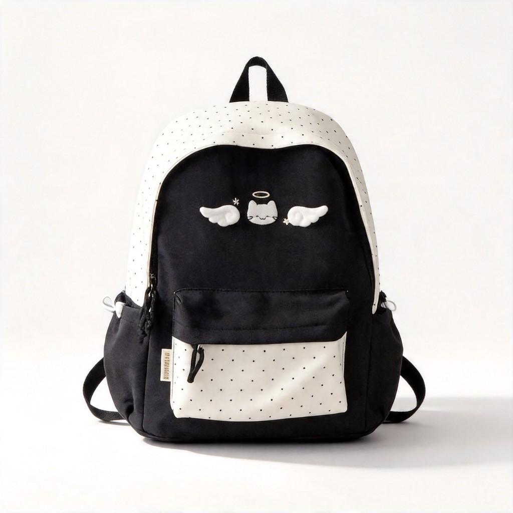 College Style Girl Backpack With Nylon Material And Colorblock Design For School Use чёрный