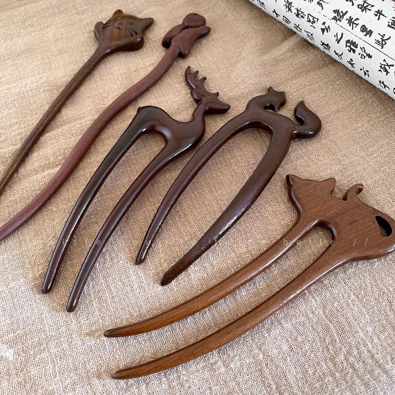 New Chinese fox deer artificial wooden hairpin simple temperament Guochao hairpin niche retro personalized hair accessories women