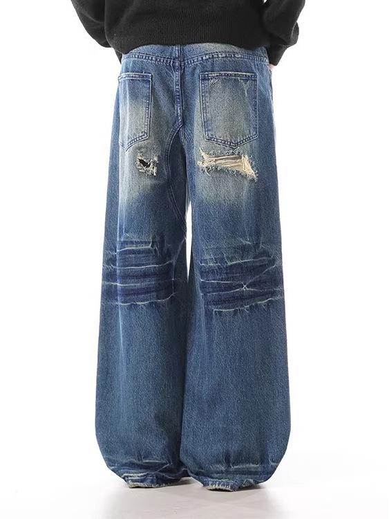 Unisex Distressed Patchwork Wide-Leg Ripped Jeans