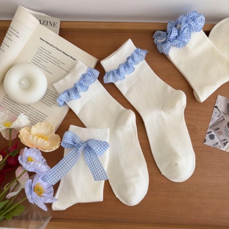 Chaussettes Hautes en Coton Pur Style Nouveau Printemps Été pour Femmes avec Dentelle et Nœud Ballet