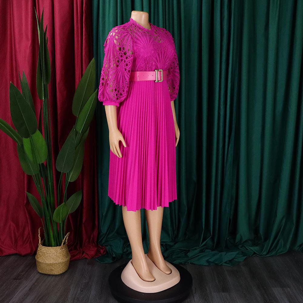 Summer Large Size Lace Hook Flower Sexy Hollow Out Pleated European and American Dress Dress