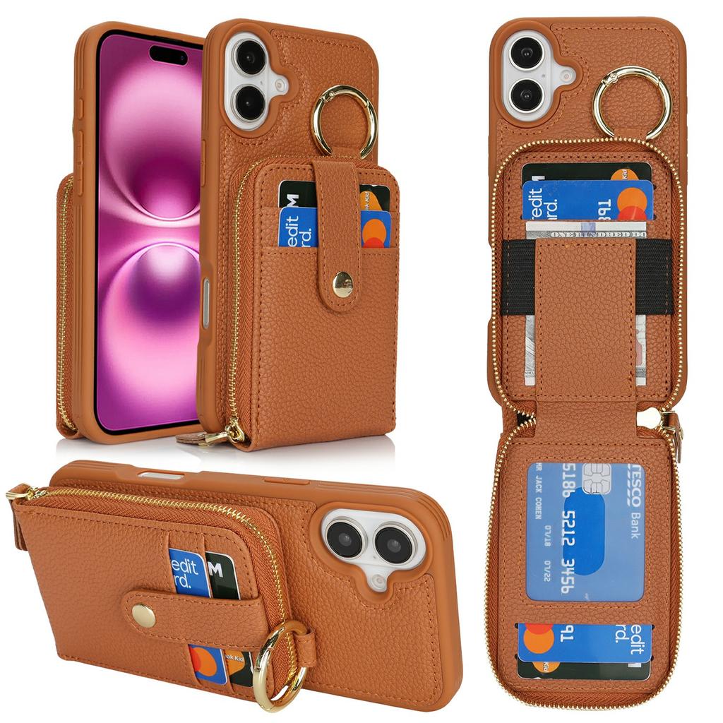 For iPhone 16 Case with Zipper Pouch/Ring Kickstand/Strap Litchi Texture PU + TPU Phone Cover