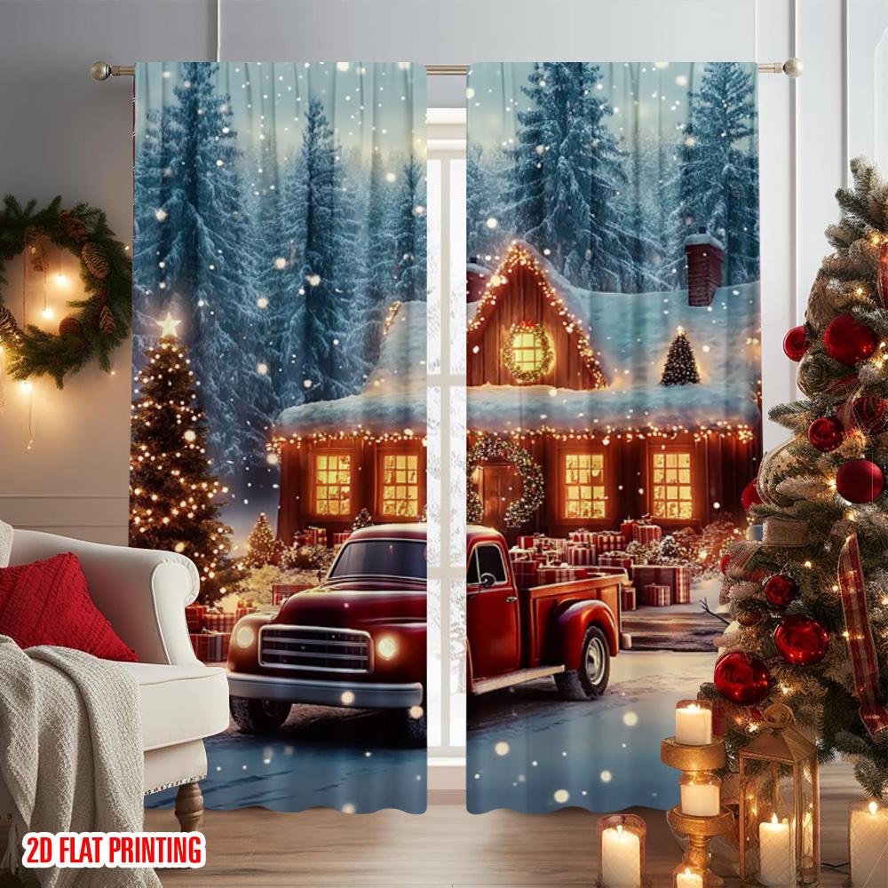 2pcs 2D Flat Printing Merry Christmas Scene Curtains Christmas Winter Lodge Versatile 100% Polyester Without Electricity Spring