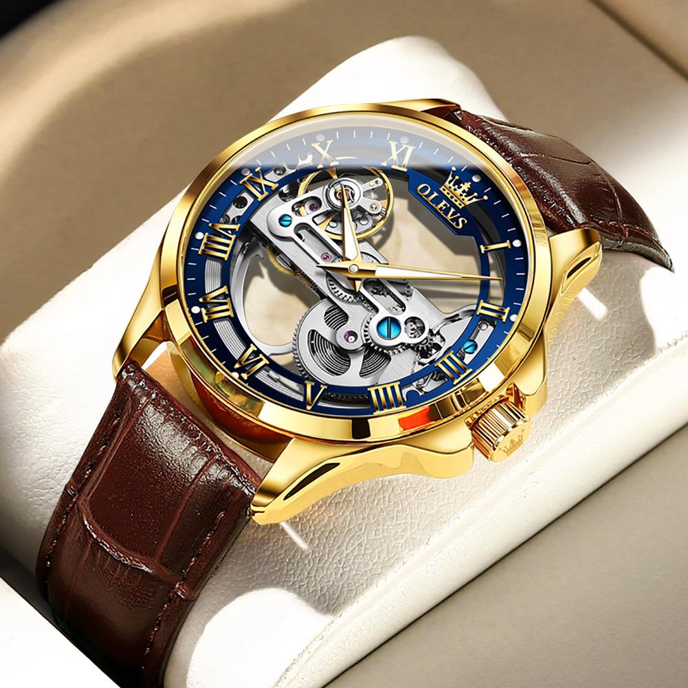 OLEVS 6661 Top Brand Men's Watches Fashion Hollow Flywheel Automatic Mechanical Wristwatch Waterproof Luminous Leather Strap