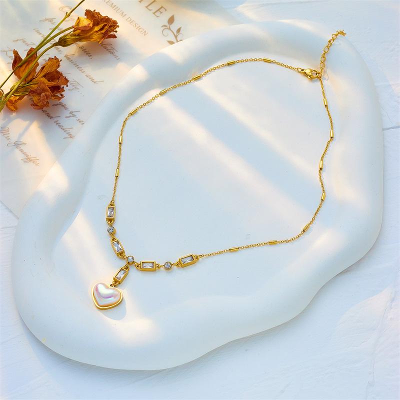 

Gold Plated Heart Mother of Pearl CZ Necklace, Dainty Link Chain with Baguette Zircon & MOP Heart Pendant, Luxury Jewelry for Women Gift золотой