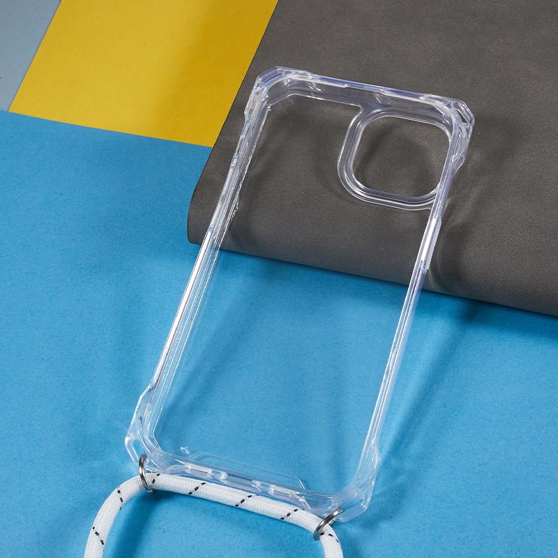 For iPhone 13 Transparent Acrylic Back+TPU Case Anti-drop Phone Cover with Lanyard