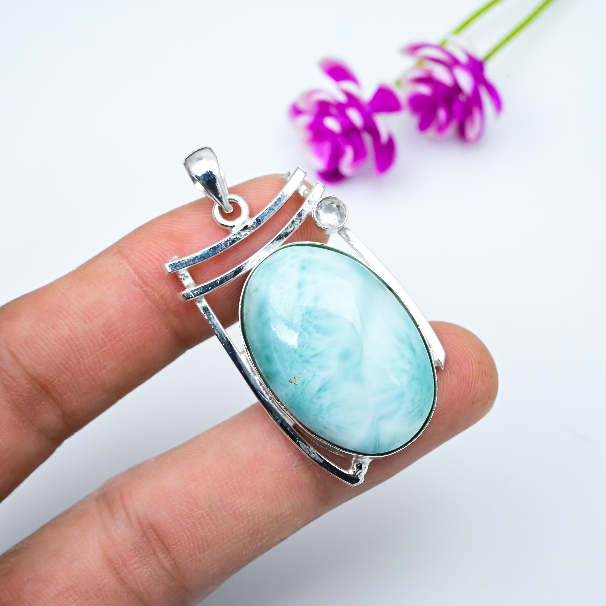 

Ларимар, подвеска с белым топазом, ювелирные изделия из цельного серебра 925 пробы, подвеска с драгоценным камнем, подарок для нее, изящные ювелирные изделия ручной работы 1.77 Inches синий