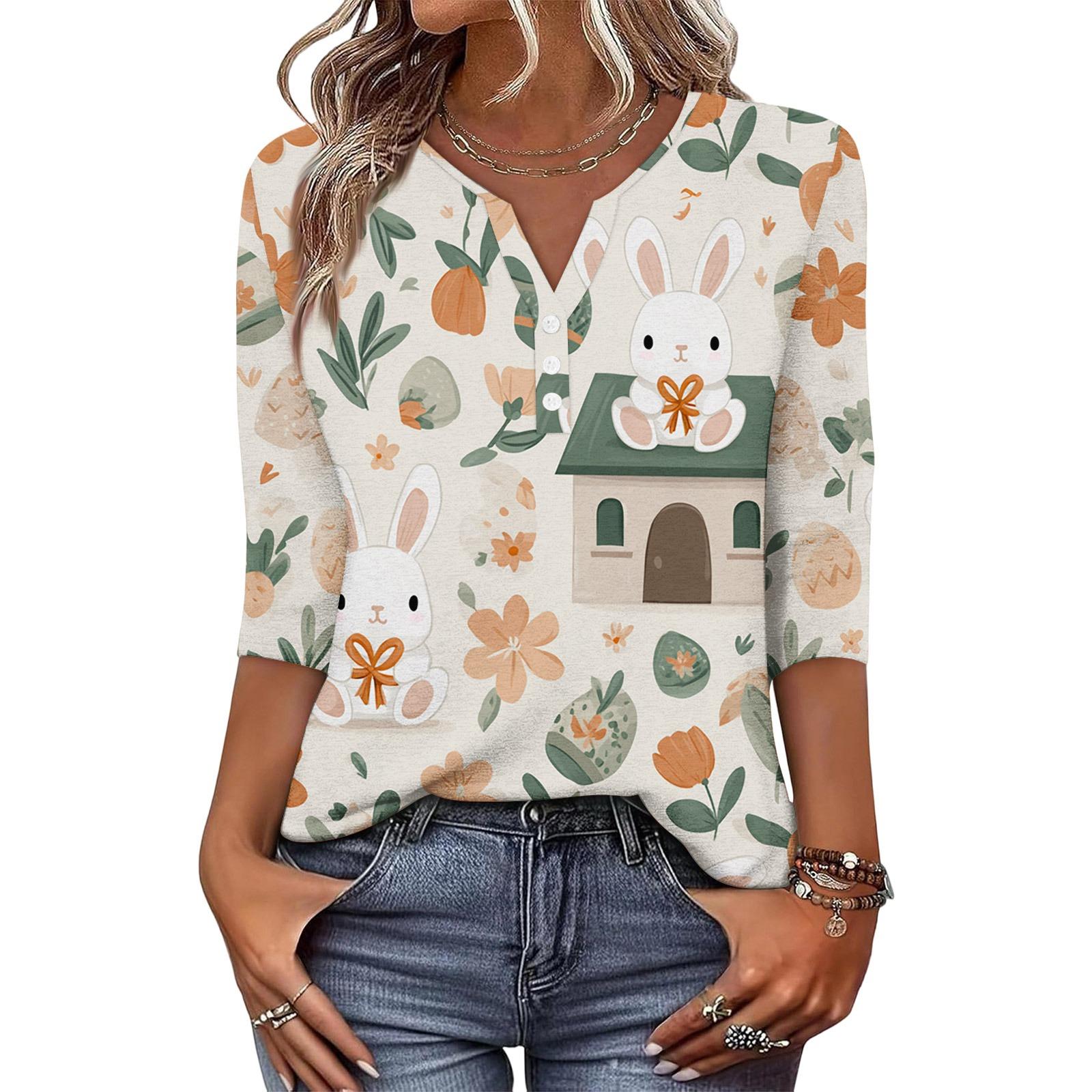 

Women s Fashionable And Casual Easter Bunny And Egg Print V-neck Button-down Three-Quarter Sleeve T-shirt Top L білий