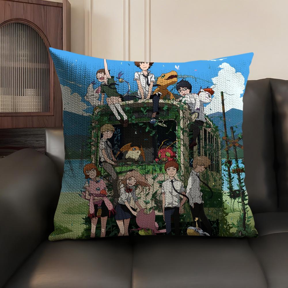 Anime DDigimon AAdventure Cushion Cover Natural Linen Organic Fabric DoubleSided Printing Sofa Home Decor Gift Pillow Case