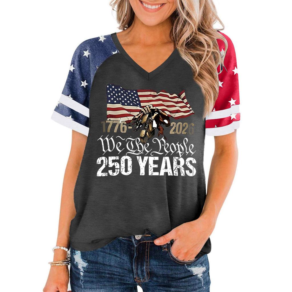 Women V Neck Short Sleeve Pullover T Shirt Casual Top with Graphic Print for Independence Day Celebration 1776 To 2026 Commemorative Design