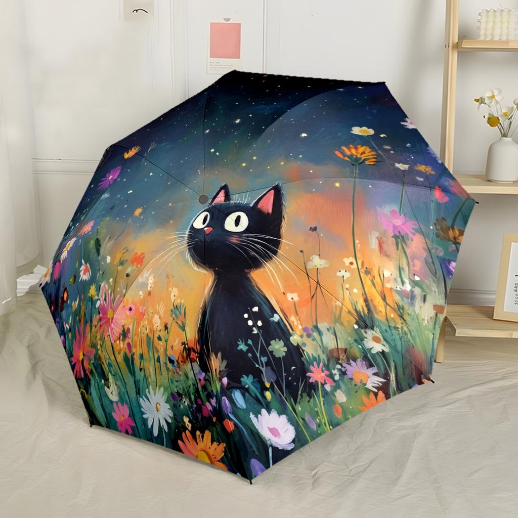 Night Cat Garden Dreams Portable Automatic Umbrella Folding Umbrella with 8 Ribs Lightweight for Women/Men Fashionable