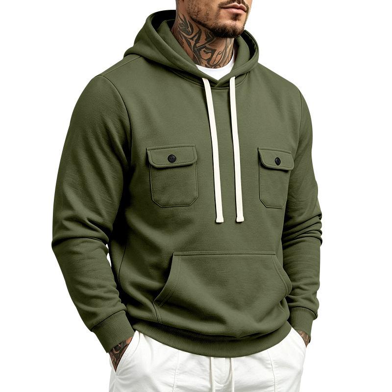 Men’s Heavyweight Fleece-Lined Outdoor Sports Loose-Fit Workwear Plain-Coloured Hooded Sweatshirt for Autumn/Winter