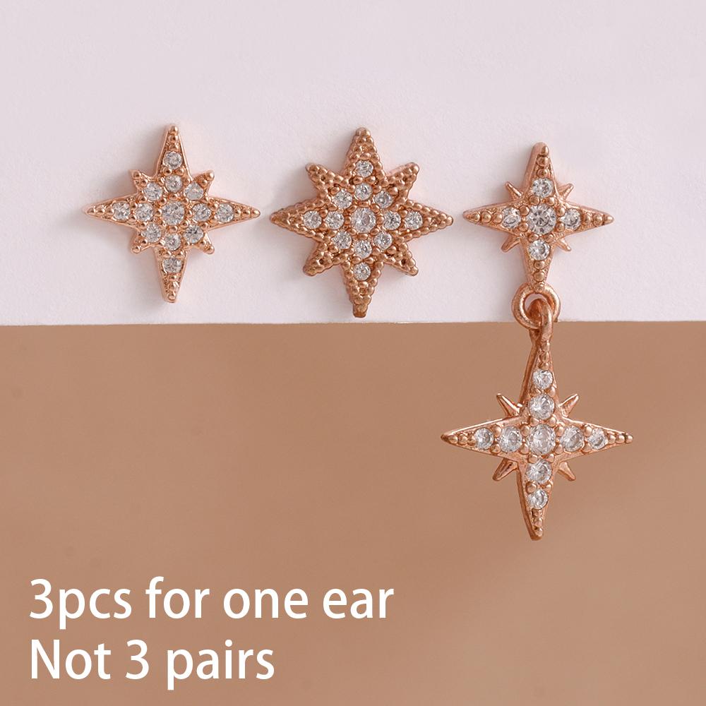 3PCS French Design Stainless Steel Zircon Star Stud Earrings Set For Women Helix Tragus Star Earring Cartilage Piercing Jewelry