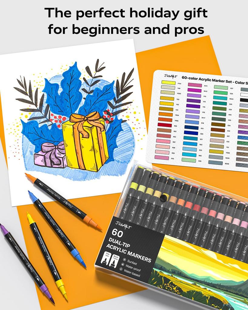 JusArt Acryl Marker Verf Markers met Kwastpunten Fijn en Fijn Acryl Kunst Geschikt voor en Metallic Cadeau Idee Pennen, 60-Kleuren Set, (Beide punten),