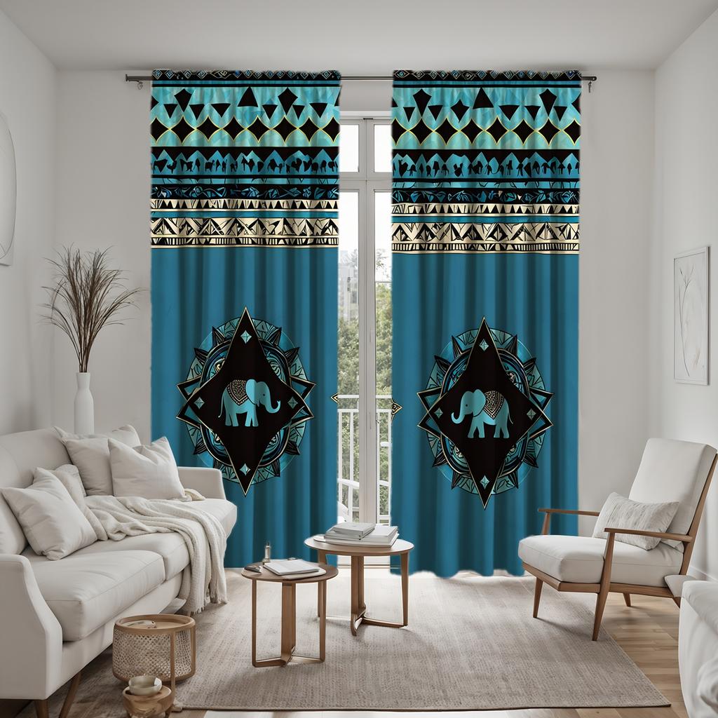 2pcs HD Thai Plaid Elephant Decorative Curtain Blue Tie Digital Printed Curtain Home Decoration Style Decoration Living Room