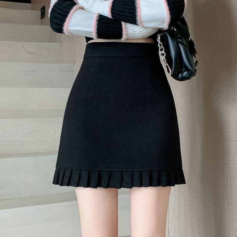 Woolen High-Waisted A-line Lace Skirt for Women - Korean Style, Pleated and Slimming, 2025 Autumn/Winter Collection.