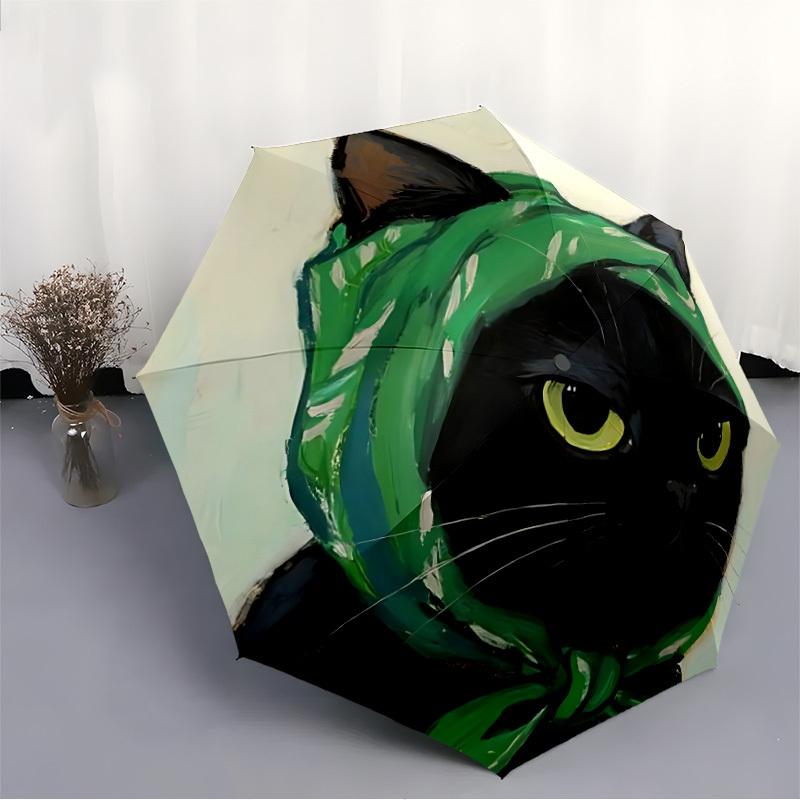 1pc Cat Green Automatic Open/close Umbrella, 8-Rib Sturdy Structure, Portable Travel Umbrella, Parties, Everyday Use, Outdoor Accessory, Art