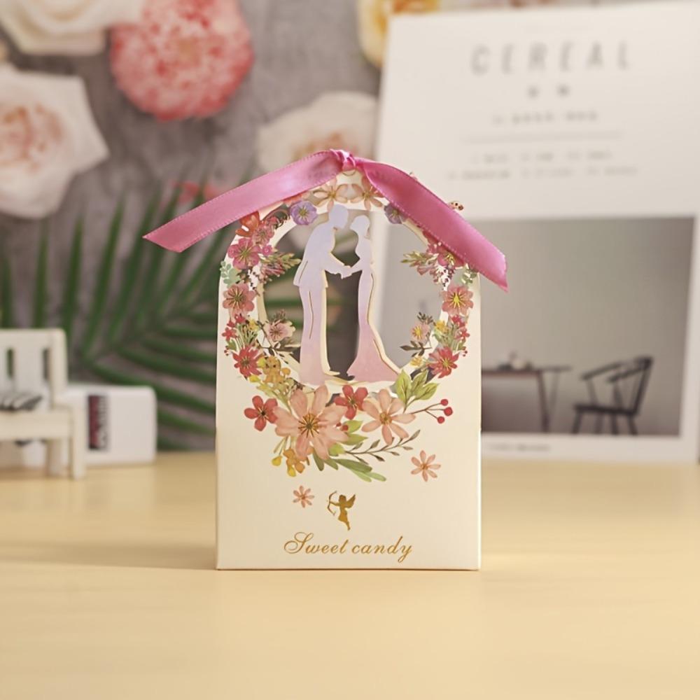 15pcs Floral Candy Boxes with Ribbons Wedding Gift Packing Box Bridal Shower Treat Bags Gift Packaging Paper Craft Party Supplies Wedding Party Gift