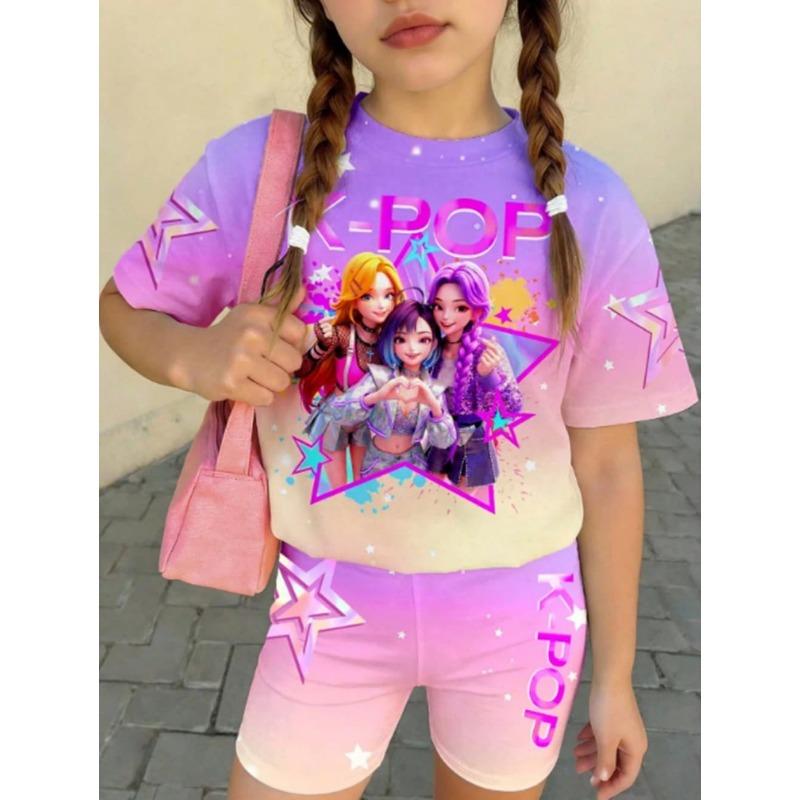 Kpop Cartoon Graphic Girls T-Shirt and Pants Set Girls' Summer Clothing Cute Short Sleeve Set Children's T-Shirt and Shorts Set