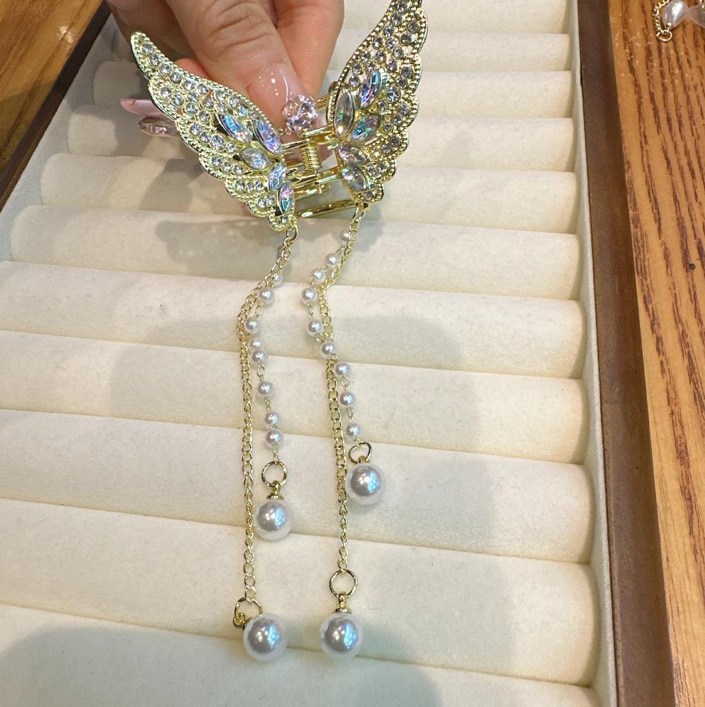 New Exquisite Rhinestone Butterfly Fringe Hair Claw Clips Korean Ponytail Braid Pearl Hairpin Girl Crab Metal Headdress Gift