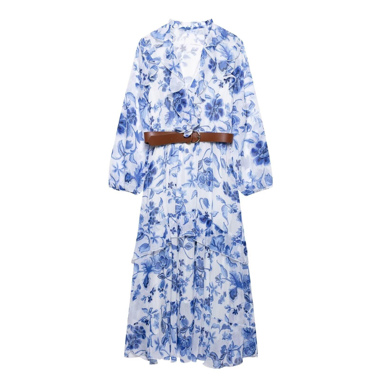 

European & American Style V-Neck Belted Long-Sleeve Dress - Spring/Summer 2025 Women s Fashion Collection L