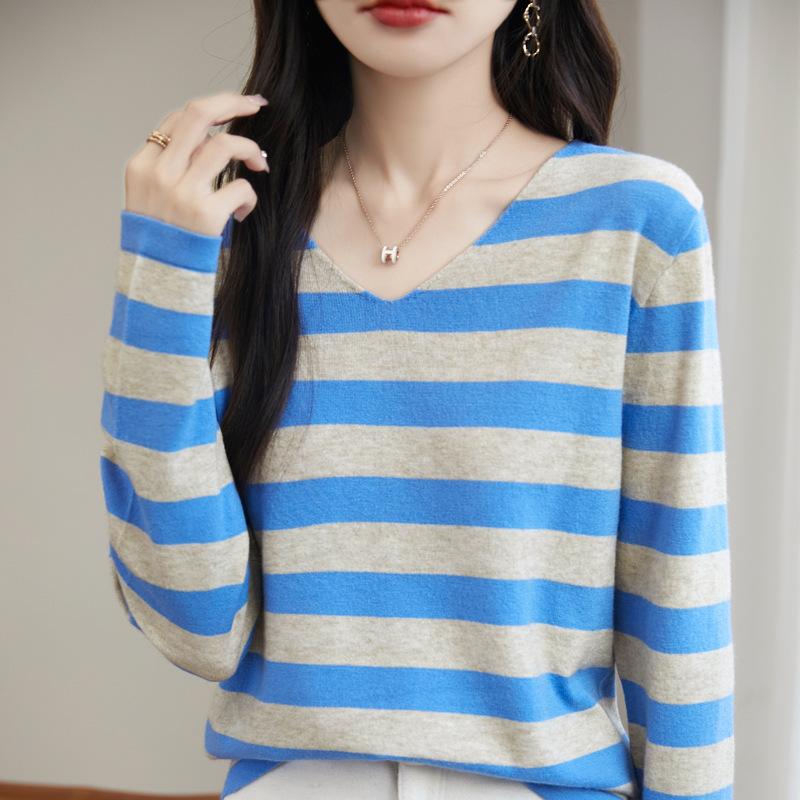 Autumn and Winter Women's Striped Long-sleeved V-neck Bottoming Pullover Loose Casual Knitwear