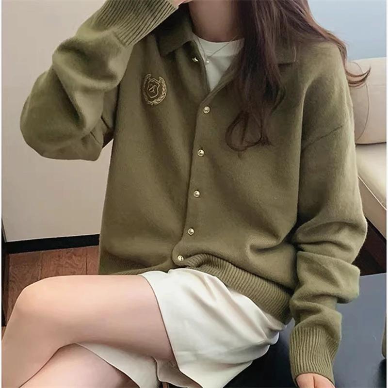 Herbst Winter Streetwear Strickjacke Vintage Strickjacke Pullover Für Frauen Stickerei Polo Kragen Hemd Lose Winter Mantel