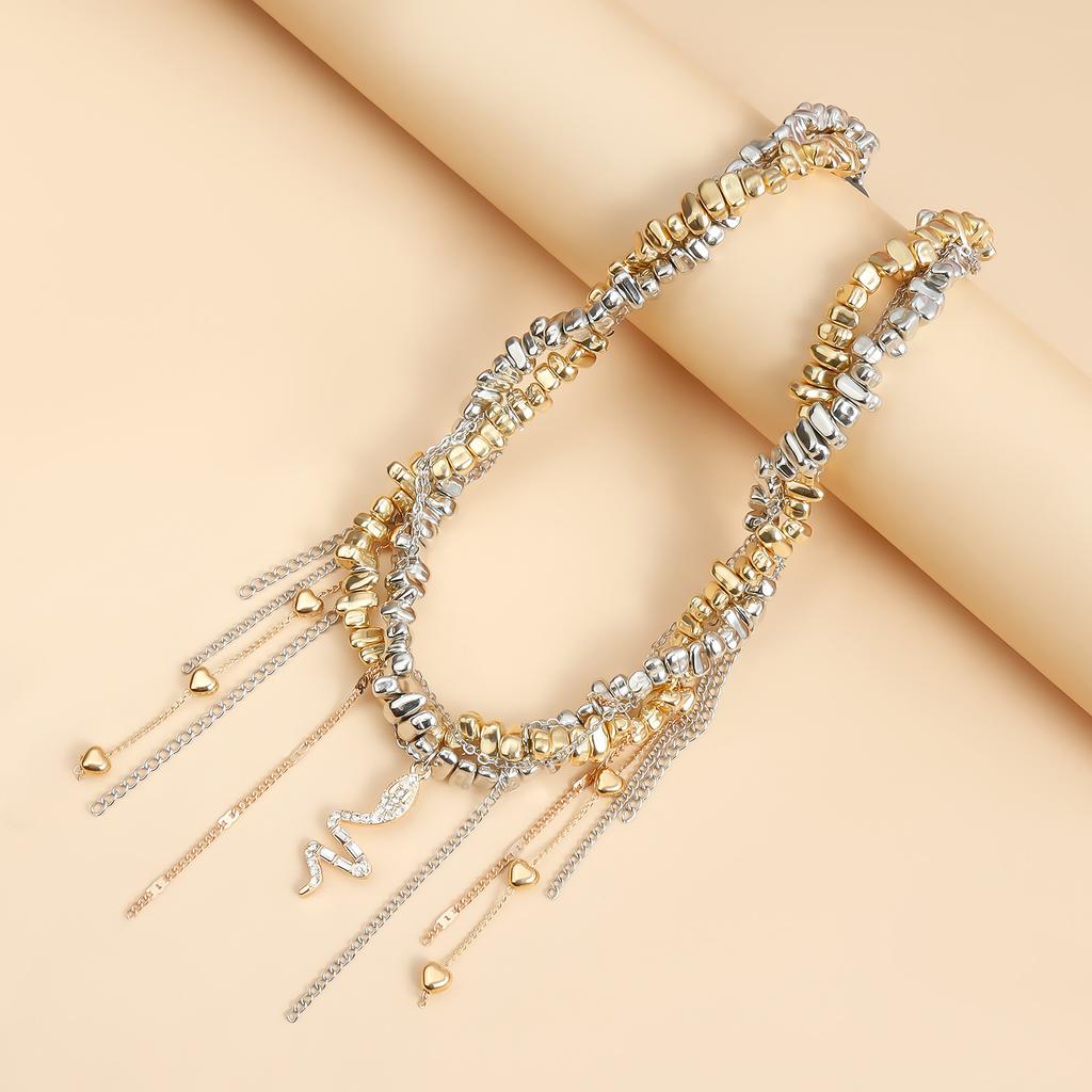 Jewelry Irregular Handmade Beaded Love Tassel Snake Pendant Clavicle Chain Gold And Silver Mixed Necklace