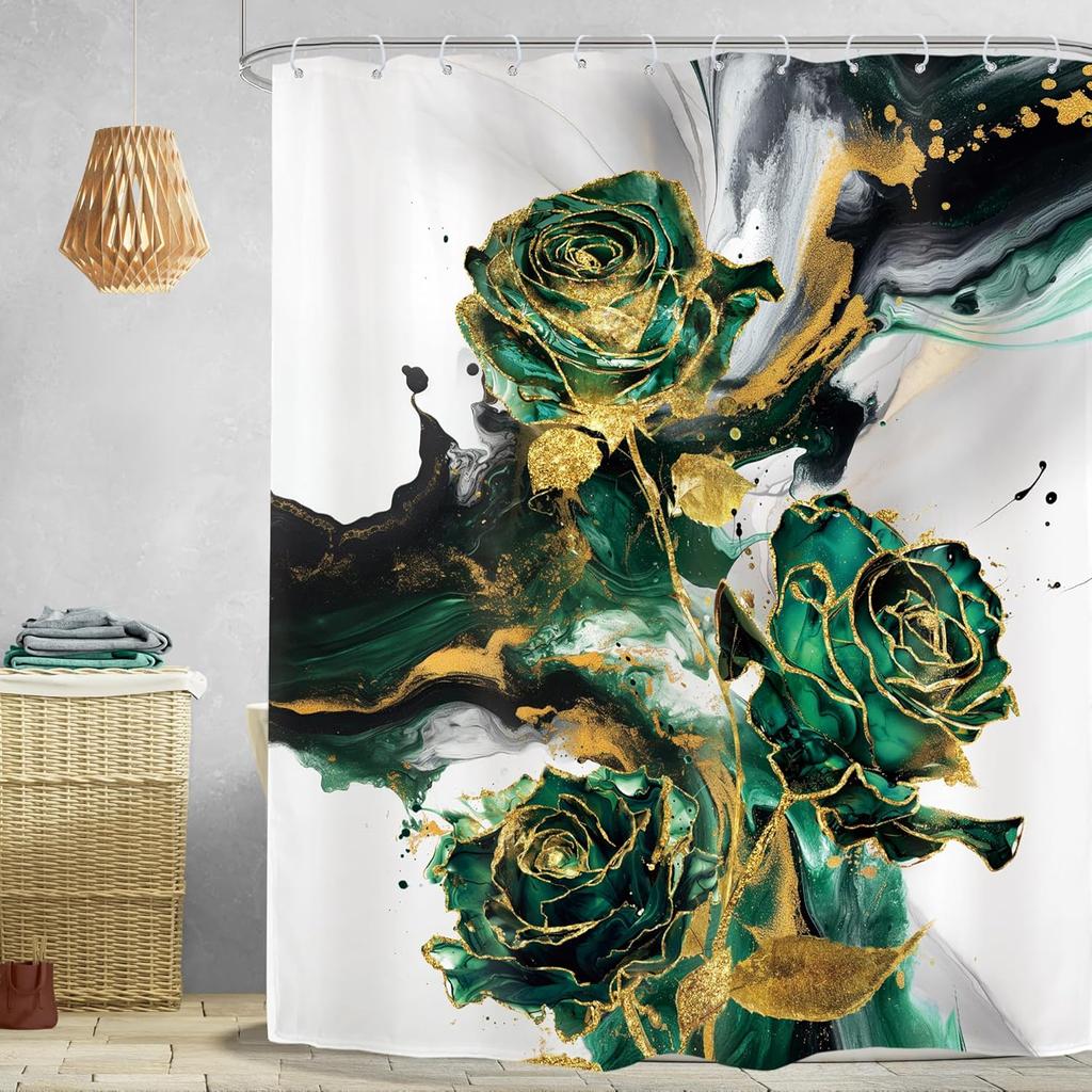 Green Gold Marble Flower Shower Curtain Rose Abstract Modern Floral Luxury Minimalist Ink Texture Men Hooks Fabric Waterproof
