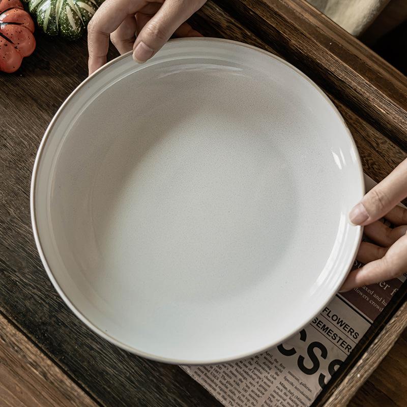 Deep Plate Round Plate Retro Style Solid Color Ceramic Plate Household Vegetable Plate Salad Plate High-End Tableware Plate