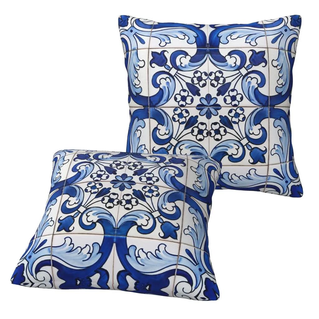 Set 2 Federe Quadrata Classica Antica Lisbona Blu Azulejo Piastrella Motivo Floreale Copricuscino Comfort Cuscino Decorativo Per Casa