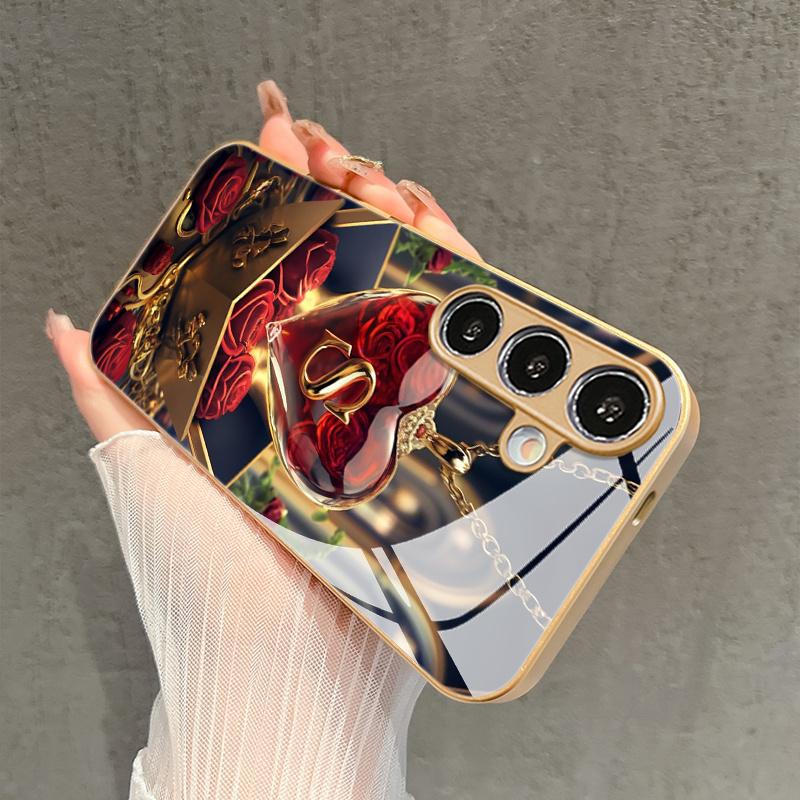 Fashion Rose Letter "S" Pendant Pattern Glass Phone Case for Samsung GalaxyS26 S25 S24 S23 S22 S20 FE Ultra Plus anti drop Cover