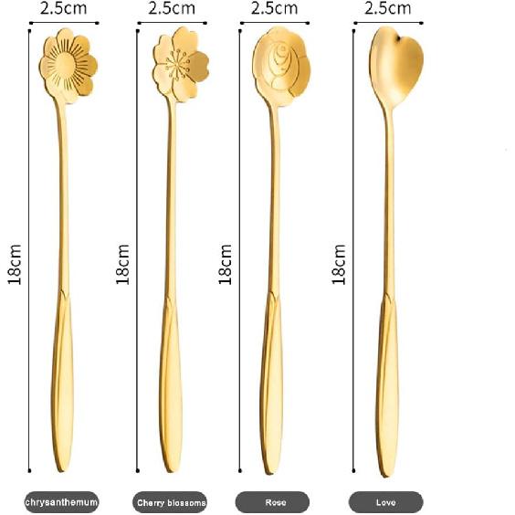 7-Inch 4 Pcs Flower Spoon Coffee Teaspoon Set, Drink Stirring Spoon for Dessert, Coffee, Ice Cream, Tea (Gold)
