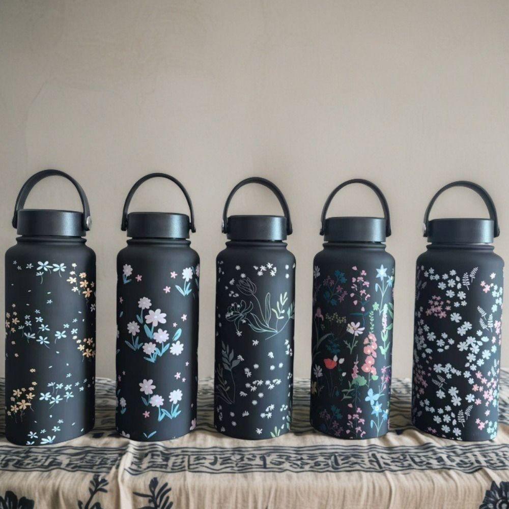 Creative Thermal Water Bottle 1L Stainless Steel Outdoor Insulated Mug Leak-proof Portable Floral Insulated Bottle Office