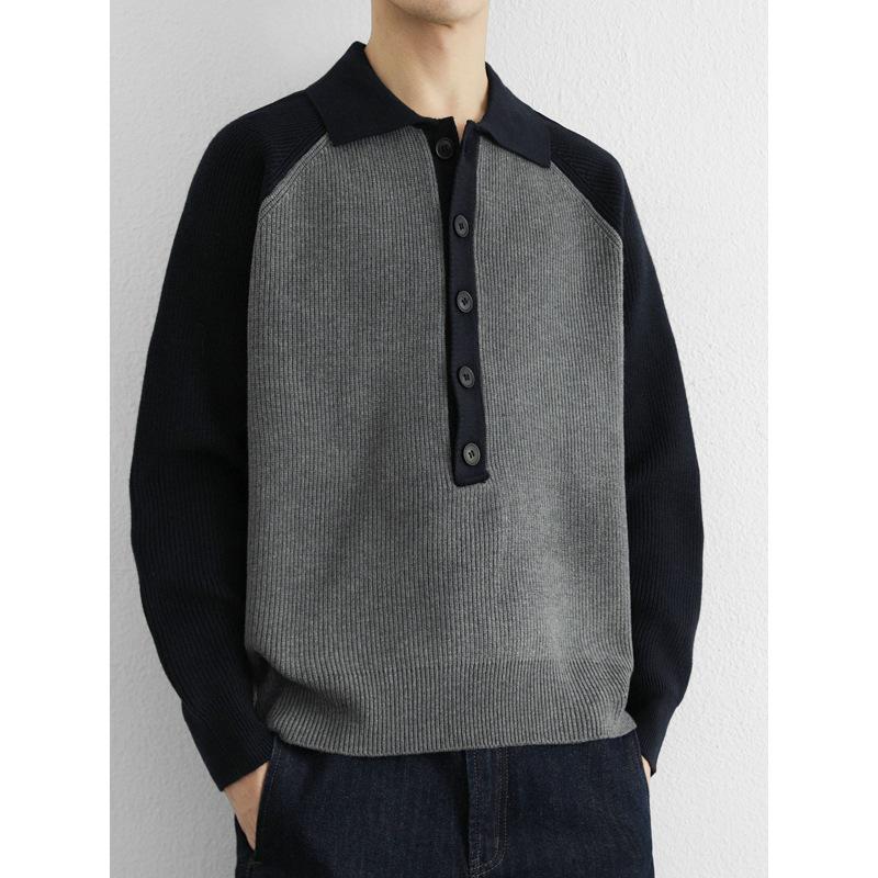Men's 2025 Color-Block Knit Sweater Coat: Trendy Autumn/Winter Loose, Lazy Style with Half-Button and Turn-Down Collar