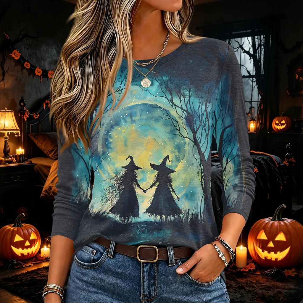 Women's Halloween Print Long Sleeve Neck Pullover Top