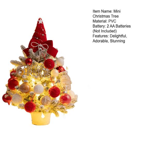 Mini Snow Flocked Christmas Tree Tabletop Artificial Christmas Tree with LED Lights Small Pine Tree with Balls And Bow for Desk Windowsill Decor