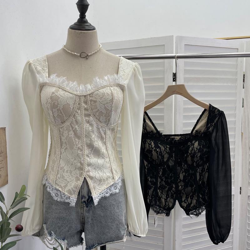 Women's Slim Lace Square Neck Top with Chest Pads - Long Sleeve, Spring/Autumn