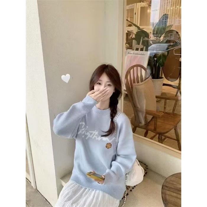 Women's Korean Style Loose Knit Pullover Sweater - Autumn Jacquard Letter Design